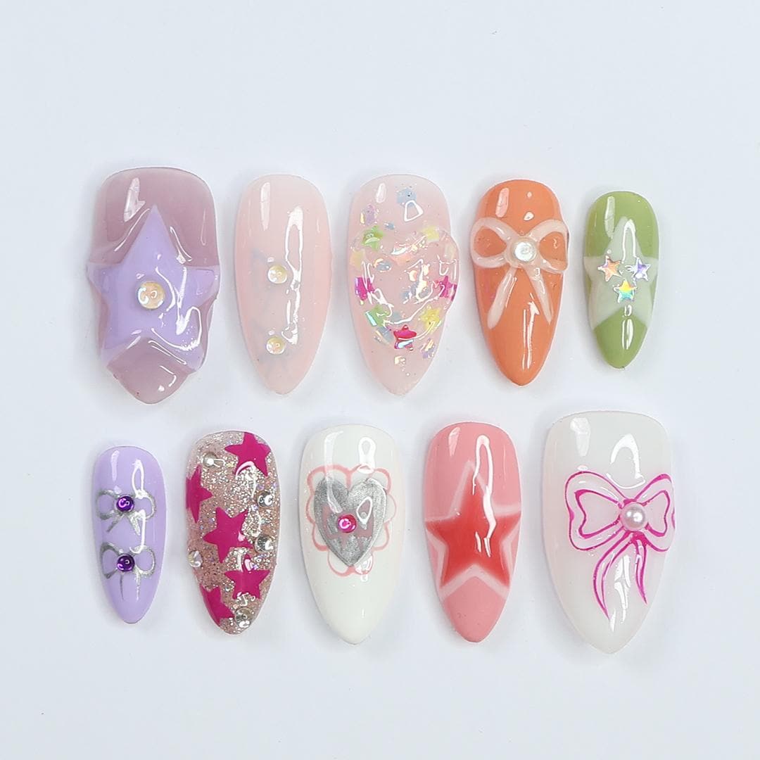Freestyle 3D Medium Almond Press On Nails, Colourful Cute Handpainted Fake Nails, Holiday Birthday Event Nails Art