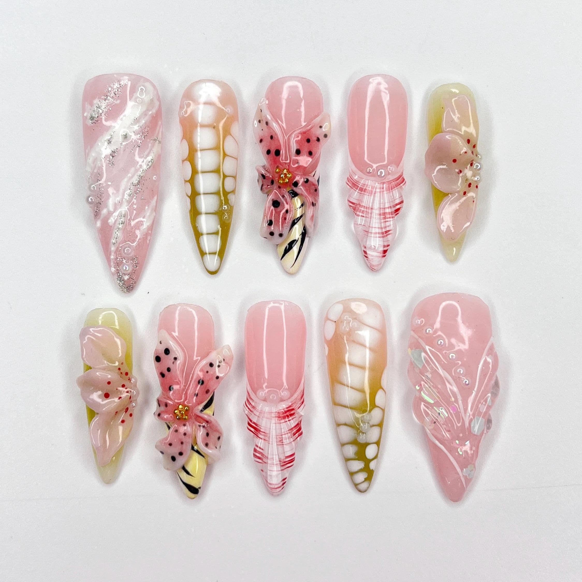 Butterfly Bloom Stiletto Press-On Nails with 3D Floral Accents & Plaid Details – Handmade Whimsical Nails for a Unique, Elegant Look or Gift