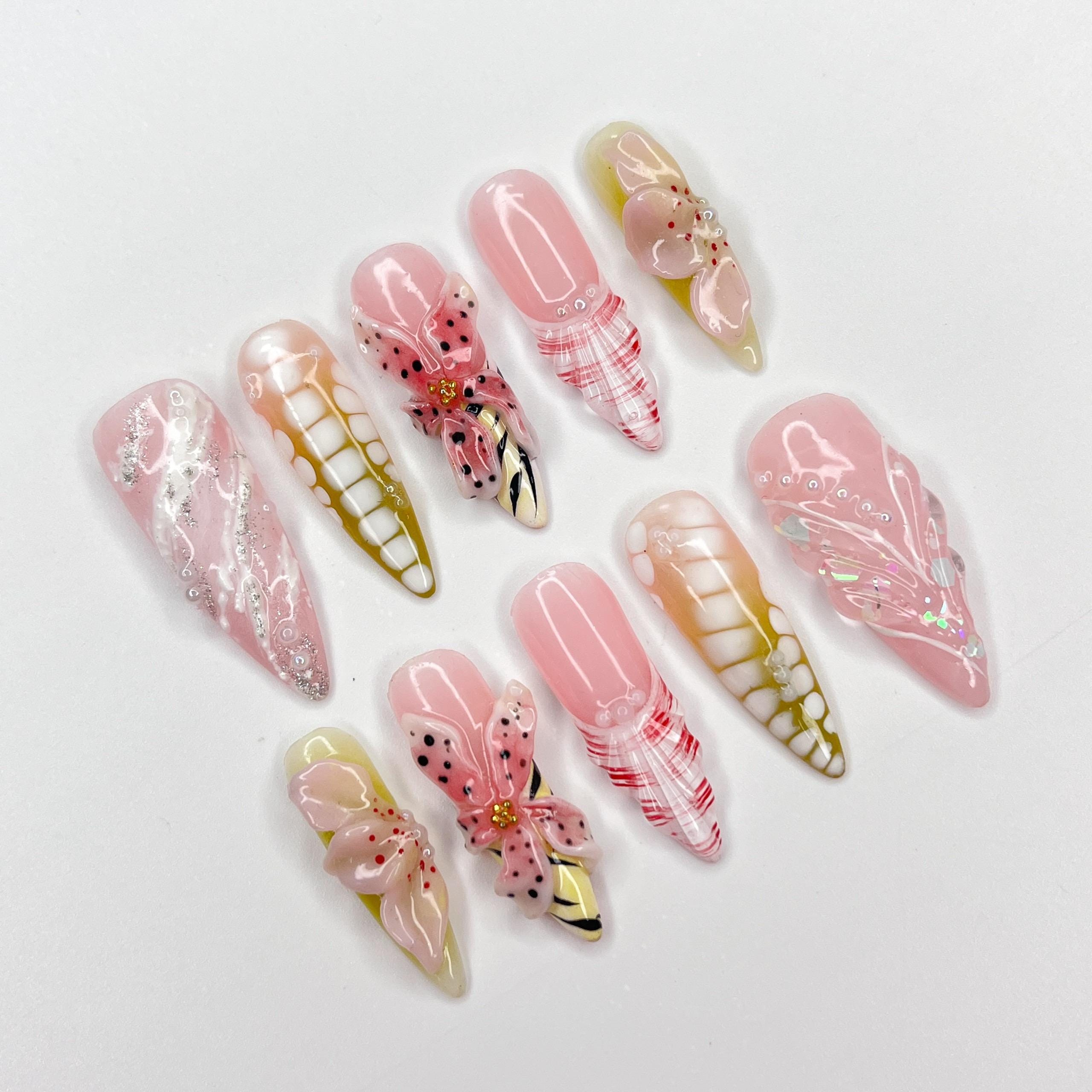 Butterfly Bloom Stiletto Press-On Nails with 3D Floral Accents & Plaid Details – Handmade Whimsical Nails for a Unique, Elegant Look or Gift