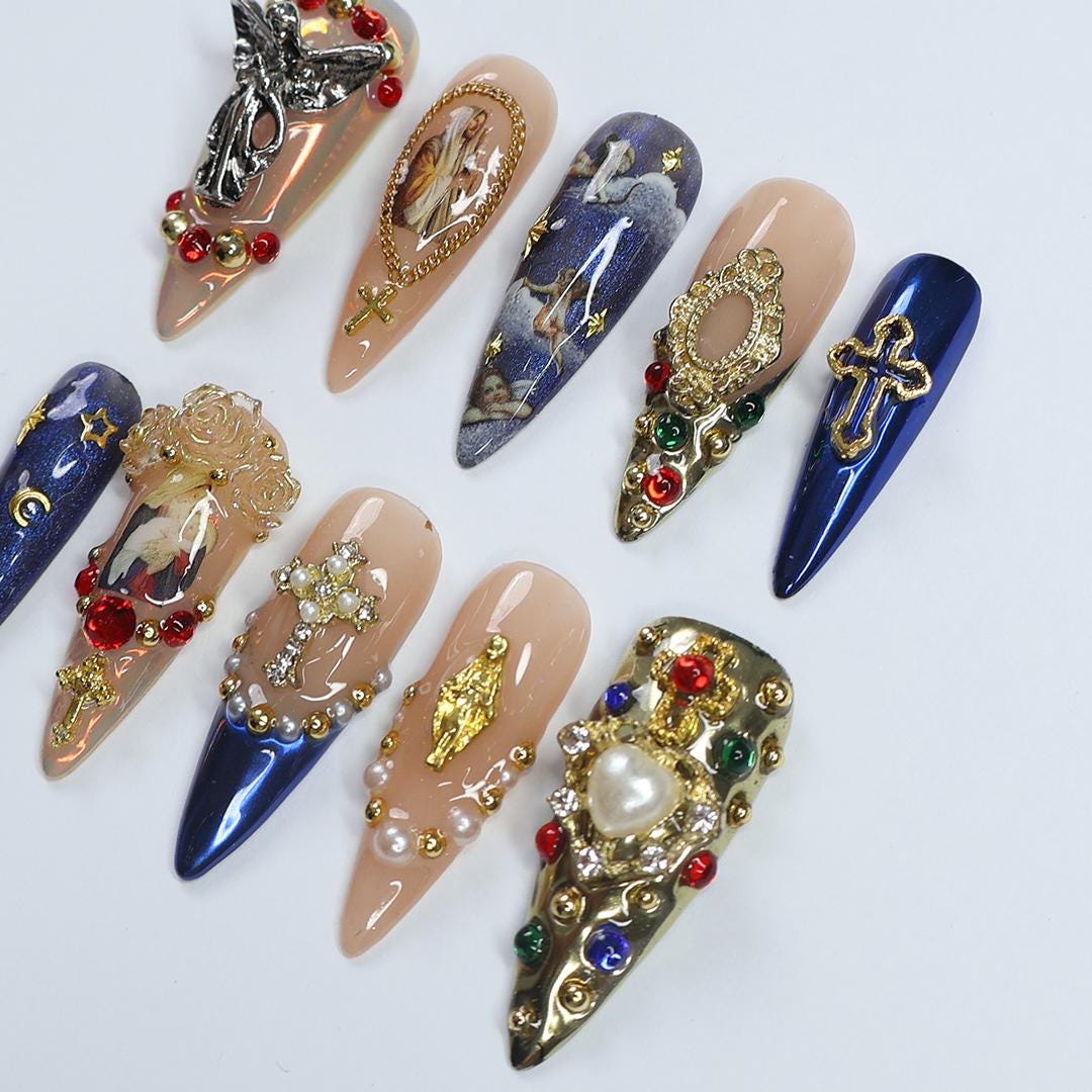 Press On Nails Angel's Gift with Silver & Gold Cross | 3D Fake Nails in Long Stiletto | Handmade Luxury Nail Art for Holiday, Gift, Birthday