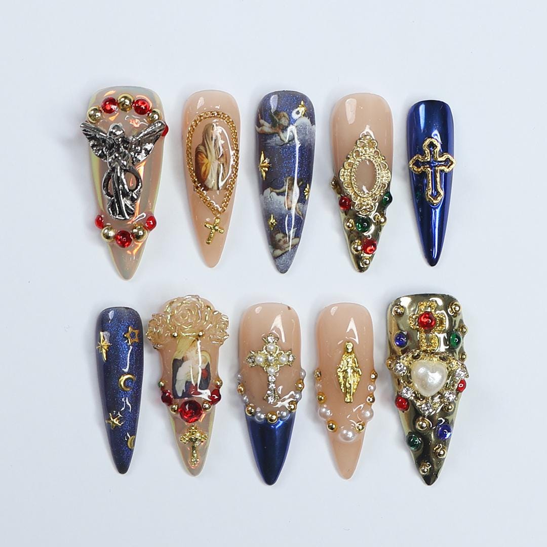 Press On Nails Angel's Gift with Silver & Gold Cross | 3D Fake Nails in Long Stiletto | Handmade Luxury Nail Art for Holiday, Gift, Birthday
