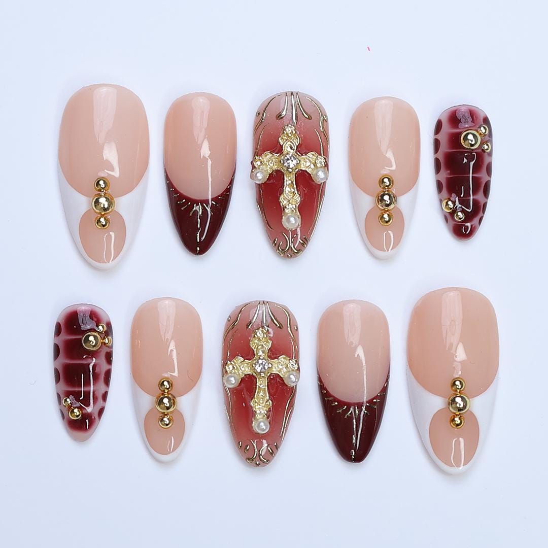 Press On Nails Gold Cross with Red Marble | Glam Fake Nails in Medium Almond | Handmade Luxury Nail Art for Vacation, Birthday, Gift