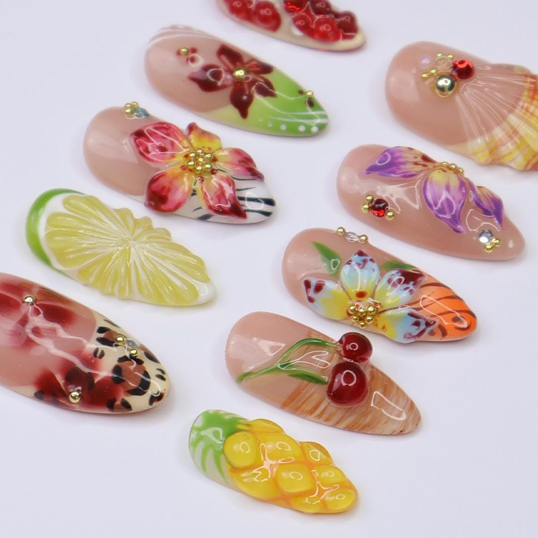 Summer Press On Nails Tropical Orchard with Leopard Print | 3D Floral Fake Nail in Medium Almond | Handmade Nail Art for Holiday, Vacation