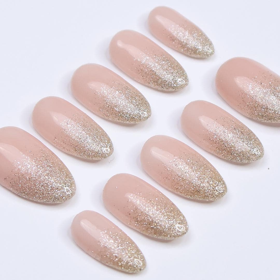 Minimal Press on Nails Gold Glitter Ombre | Everyday Fake Nail Arts in Short Almond | Handmade Nail Art for Holiday, Vacation, Birthday