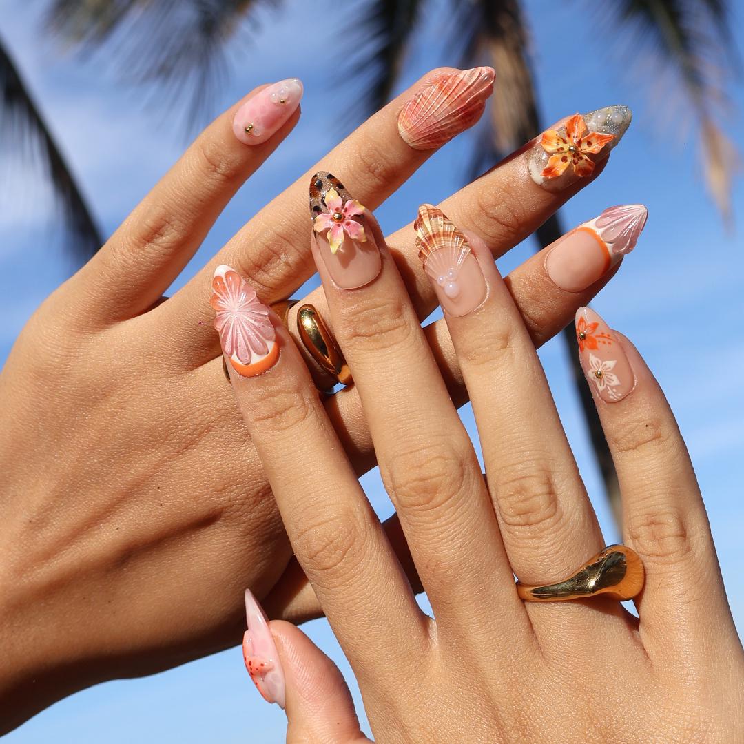 Summer Press On Nails Floral Sunset with Leopard Accents | 3D Starfish Fake Nails in Medium Almond | Handmade Nail Art for Holiday, Vacation