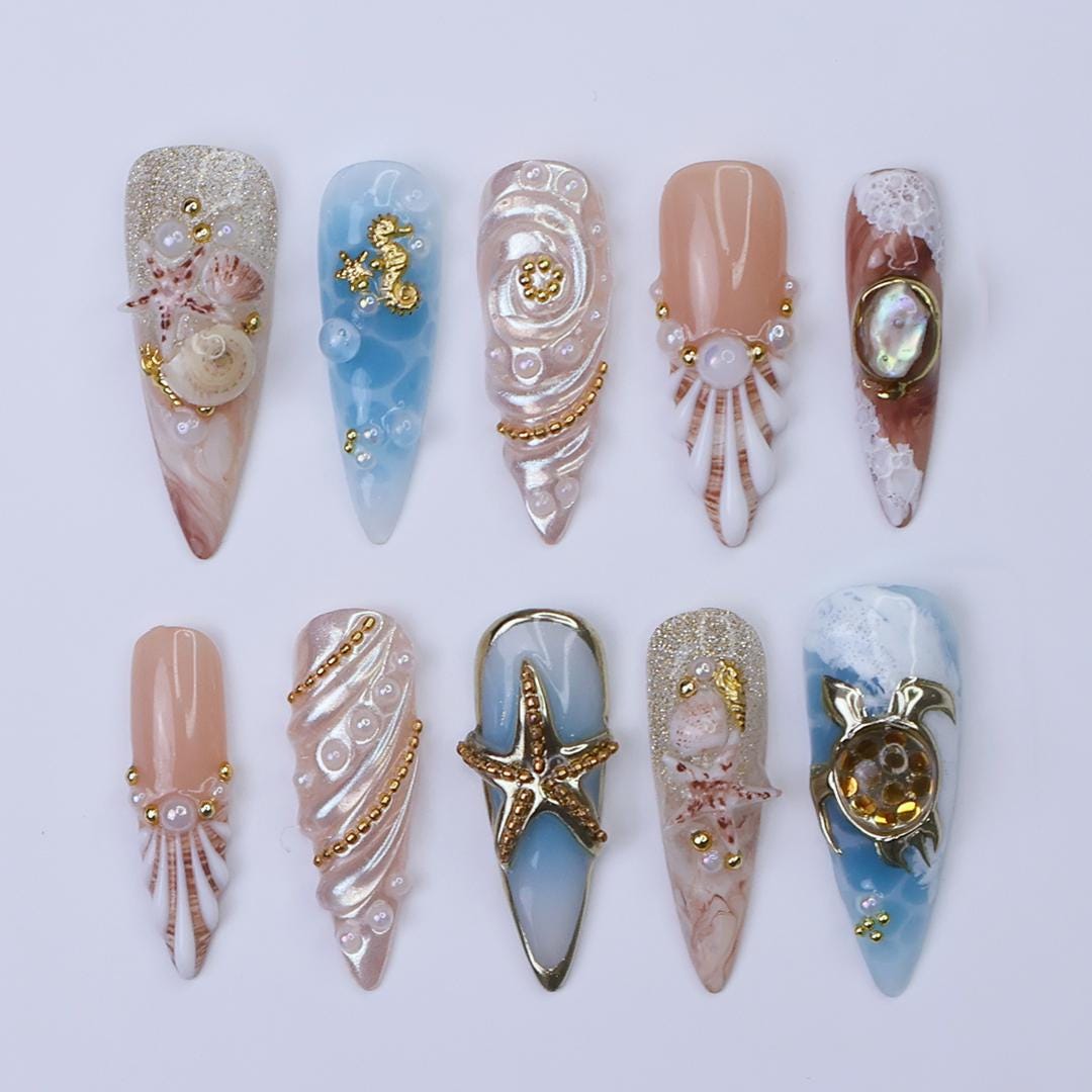 Summer Press on Nail with 3D Turtle & Starfish | Ocean Inspired Fake Nail in Long Almond | Handmade Nail Art for Holiday, Vacation, Birthday