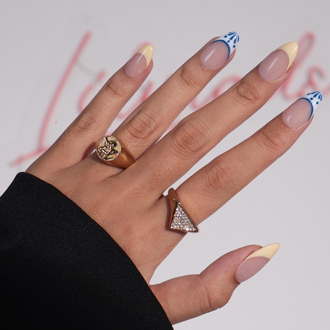 Minimal Press on Nail Yellow Butter French Tip & Blue Detail | Everyday Fake Nail Art in Short Almond | Handmade Nail Art for Birthday, Trip