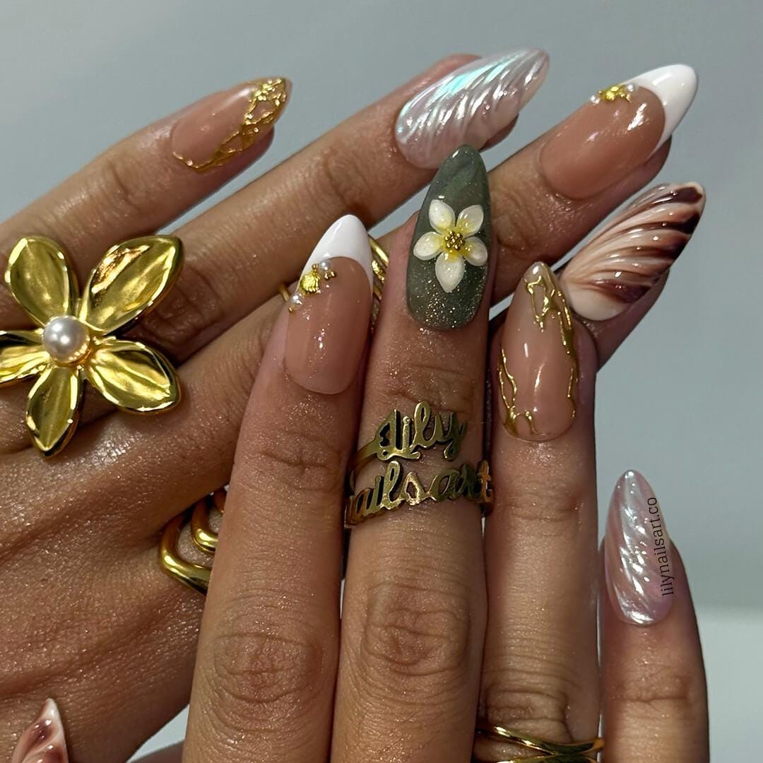 Summer Press on Nails with Plumeria & Seashell | Pastel Fake Nails in Medium Almond | Handmade Nail Art for Vacation, Holiday, Everyday Wear