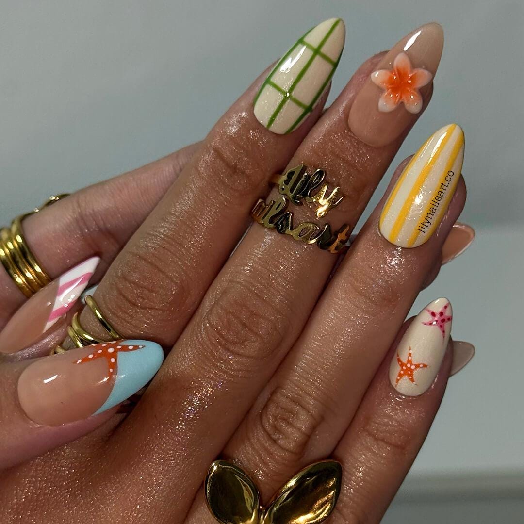 Playful Summer Press on Nails with Fruit, Flower & Starfish | Cute Fake Nails in Medium Almond | Handmade Nail Art for Vacation, Beach, Gift