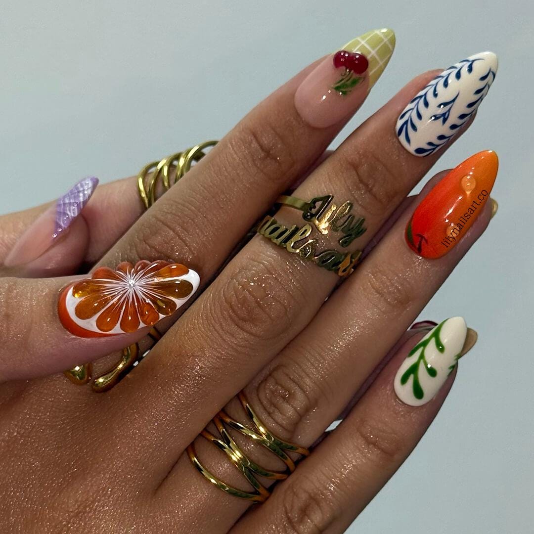 Summer Press on Nails with Fruit & Floral Accents | Cute Handmade Fake Nails in Medium Almond | Fun Nail Art for Vacation, Beach Day or Gift