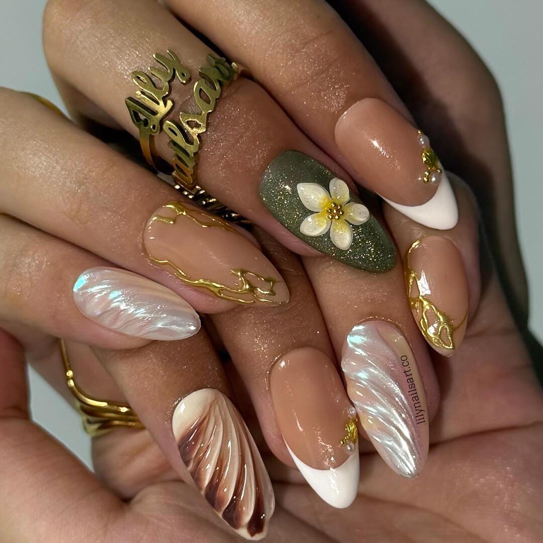 Summer Press on Nails with Plumeria & Seashell | Pastel Fake Nails in Medium Almond | Handmade Nail Art for Vacation, Holiday, Everyday Wear