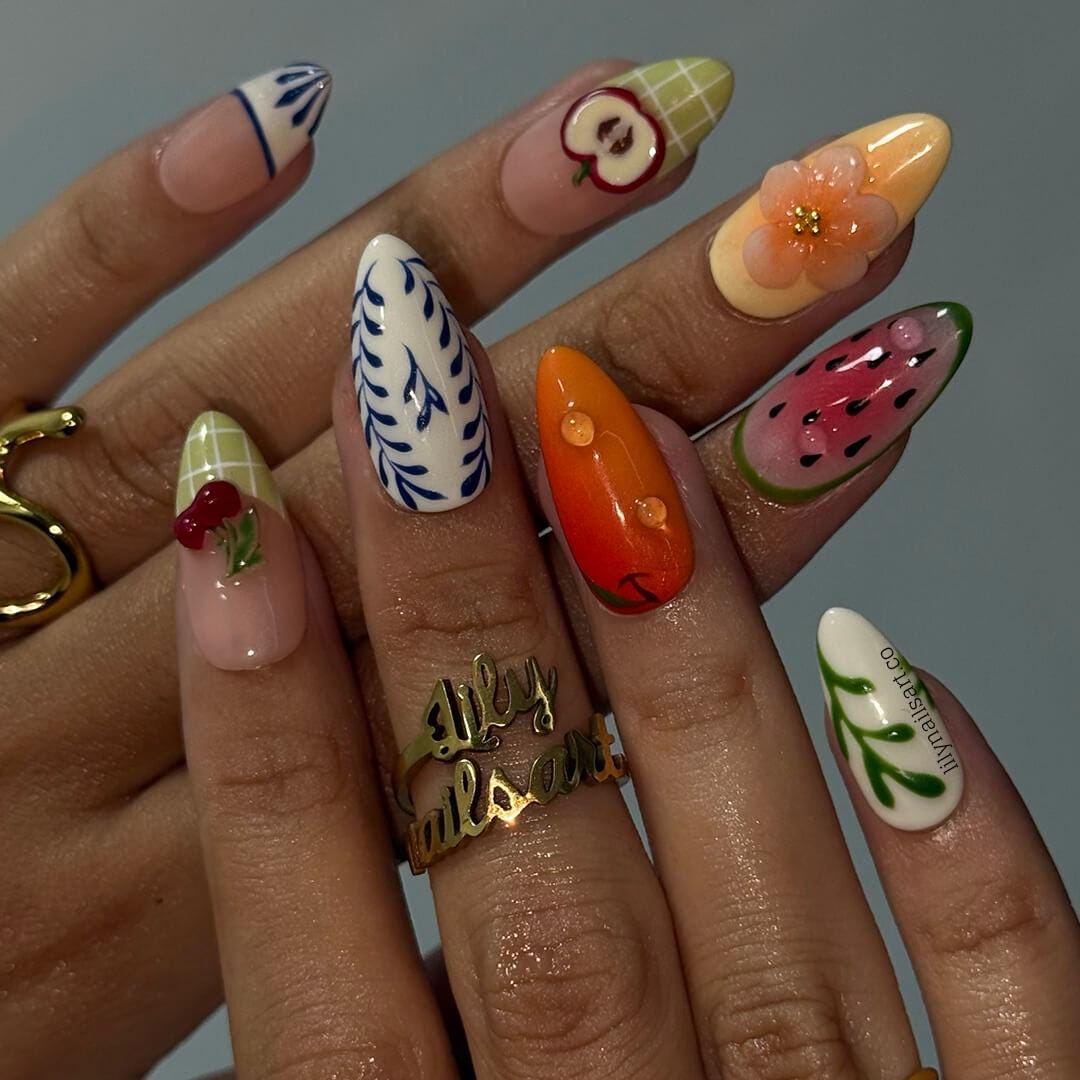 Summer Press on Nails with Fruit & Floral Accents | Cute Handmade Fake Nails in Medium Almond | Fun Nail Art for Vacation, Beach Day or Gift