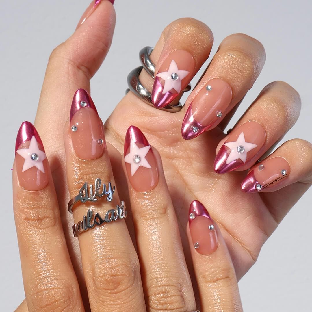 Minimal Pink Chrome Press On Nail in Medium Almond, Handmade Fake Nail with Pastel Star and French Tip, Custom Handmade Nail for Party or Everyday