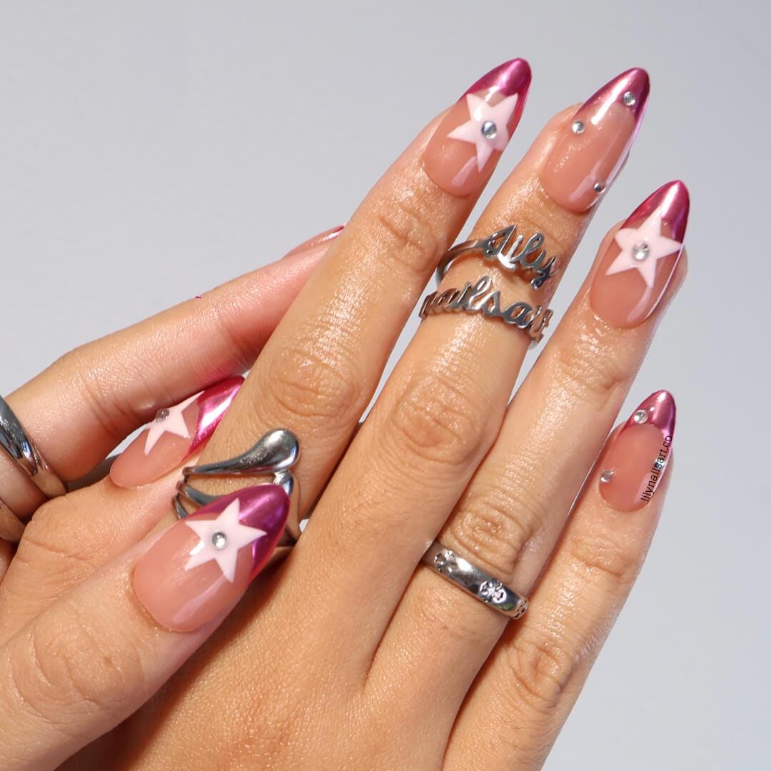Minimal Pink Chrome Press On Nail in Medium Almond, Handmade Fake Nail with Pastel Star and French Tip, Custom Handmade Nail for Party or Everyday
