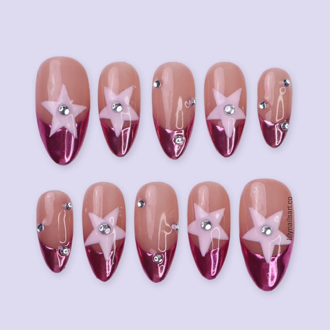 Minimal Pink Chrome Press On Nail in Medium Almond, Handmade Fake Nail with Pastel Star and French Tip, Custom Handmade Nail for Party or Everyday