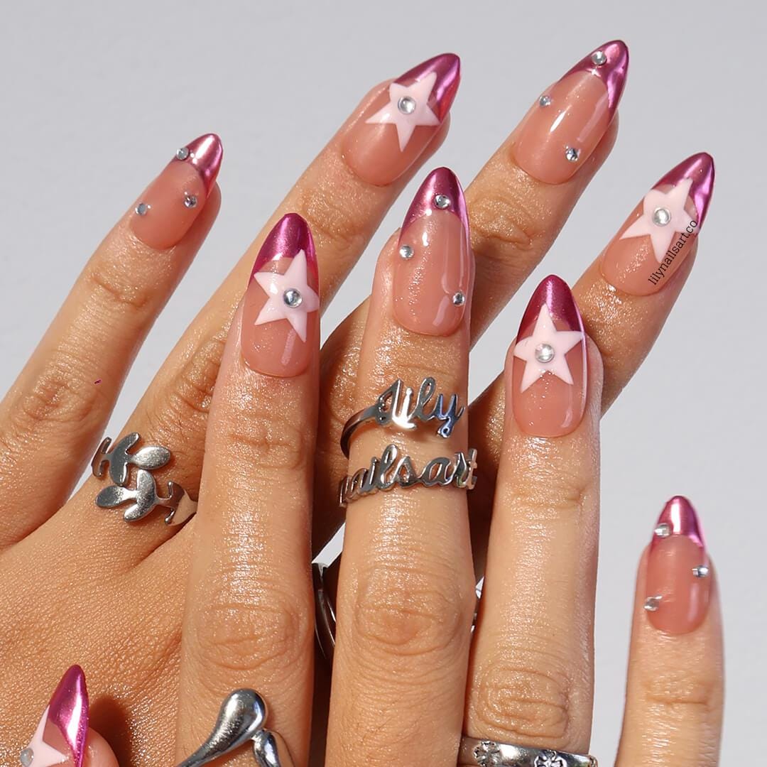 Minimal Pink Chrome Press On Nail in Medium Almond, Handmade Fake Nail with Pastel Star and French Tip, Custom Handmade Nail for Party or Everyday