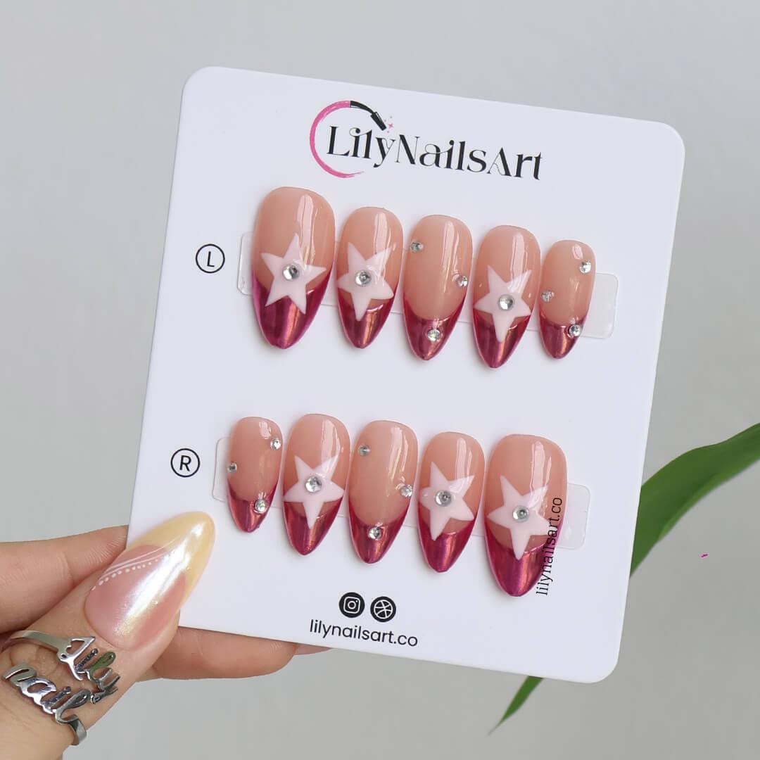 Minimal Pink Chrome Press On Nail in Medium Almond, Handmade Fake Nail with Pastel Star and French Tip, Custom Handmade Nail for Party or Everyday