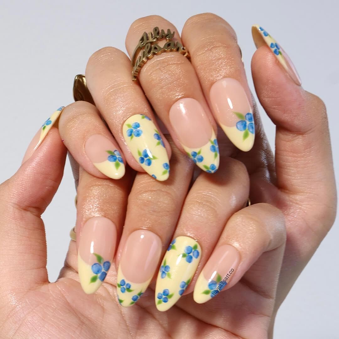 Blueberry Press On Nails with Yellow French Tips | Medium Almond Fake Nails | Handmade Summer Fruit Nail Art for Party & Gift