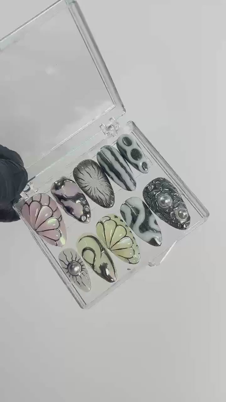 Free Style Metallic Butterfly Long Stiletto Press On Nails, Handpainted Gothic Fake Nail, Goth Chrome Nail, Custom False Nail Birthday Party