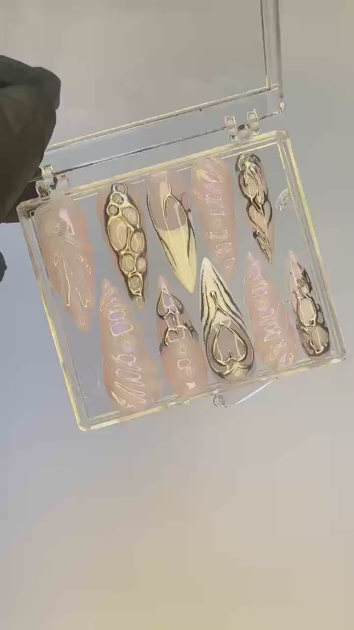 Free Style Silver 3D Gel Almond Press On Nails, Handpainted Fake/False Nails, Prom/Event/Birthday Nails, Goth/Gothic/Y2K/Aura Nail