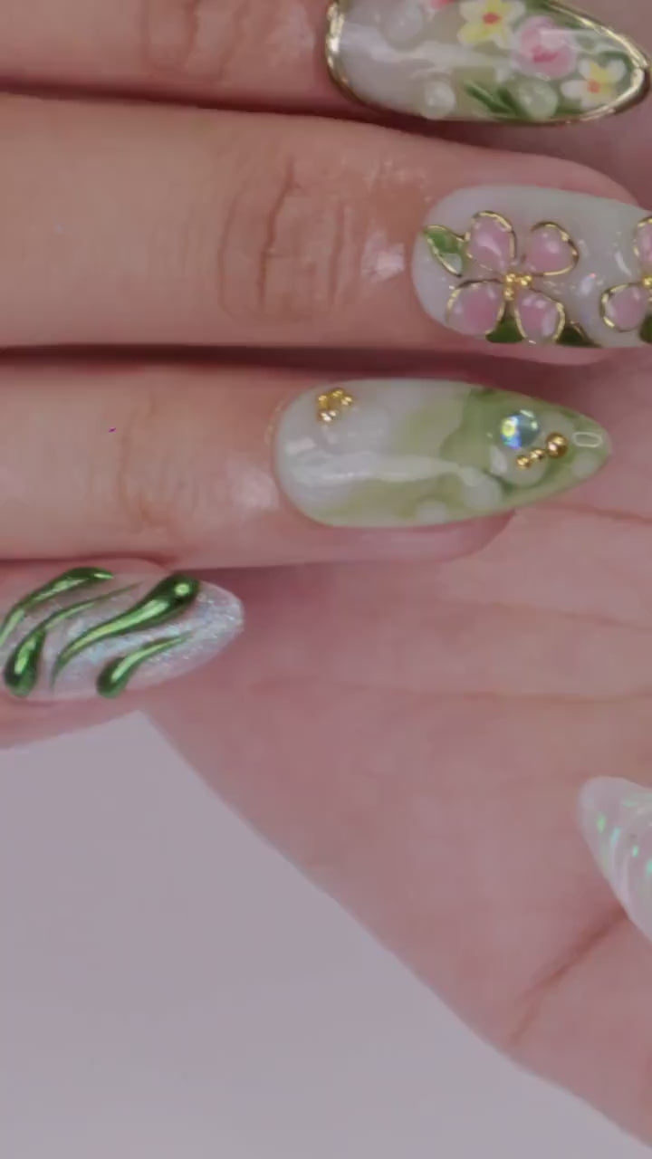 Press On Nails Dragonfly with Pink Flower