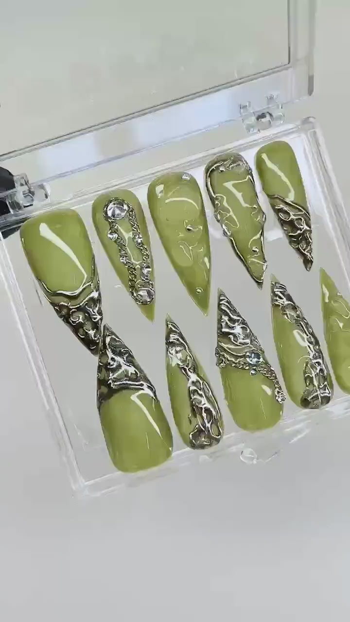3D Chrome Metallic Silver on Trendy Green Long Stiletto Press On Nails Goth, Handpainted Gothic Fake Nails, Y2K Emo Grunge Nails
