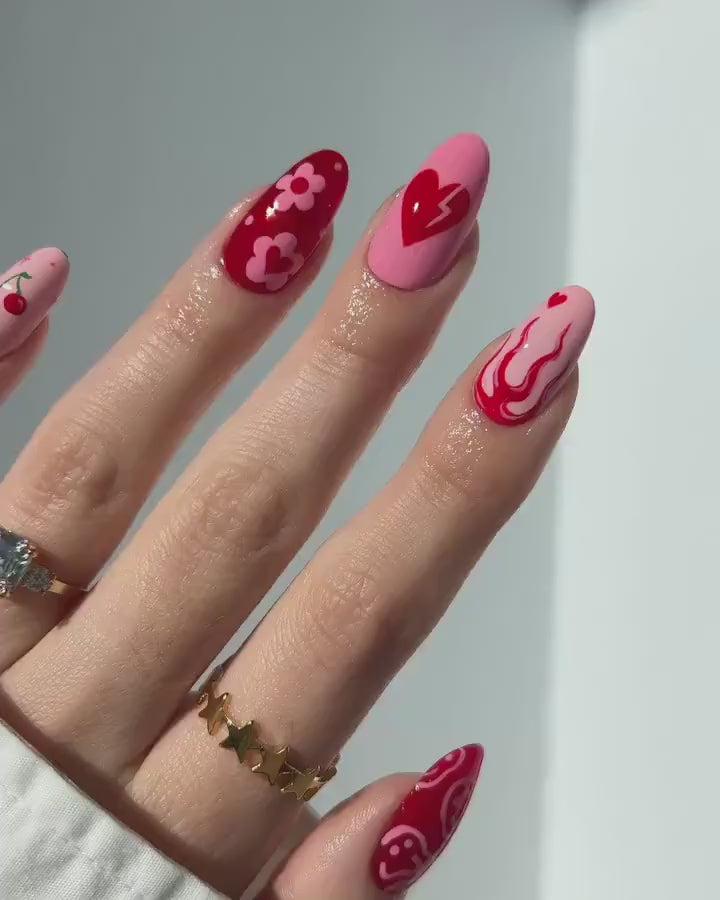 Flaming, Cherry and Heart in Red & Pink Almond Press On Nails, Valentine Nail Cute, Fake Nails, False Nails, Glue on Nails, Gel Nail Art