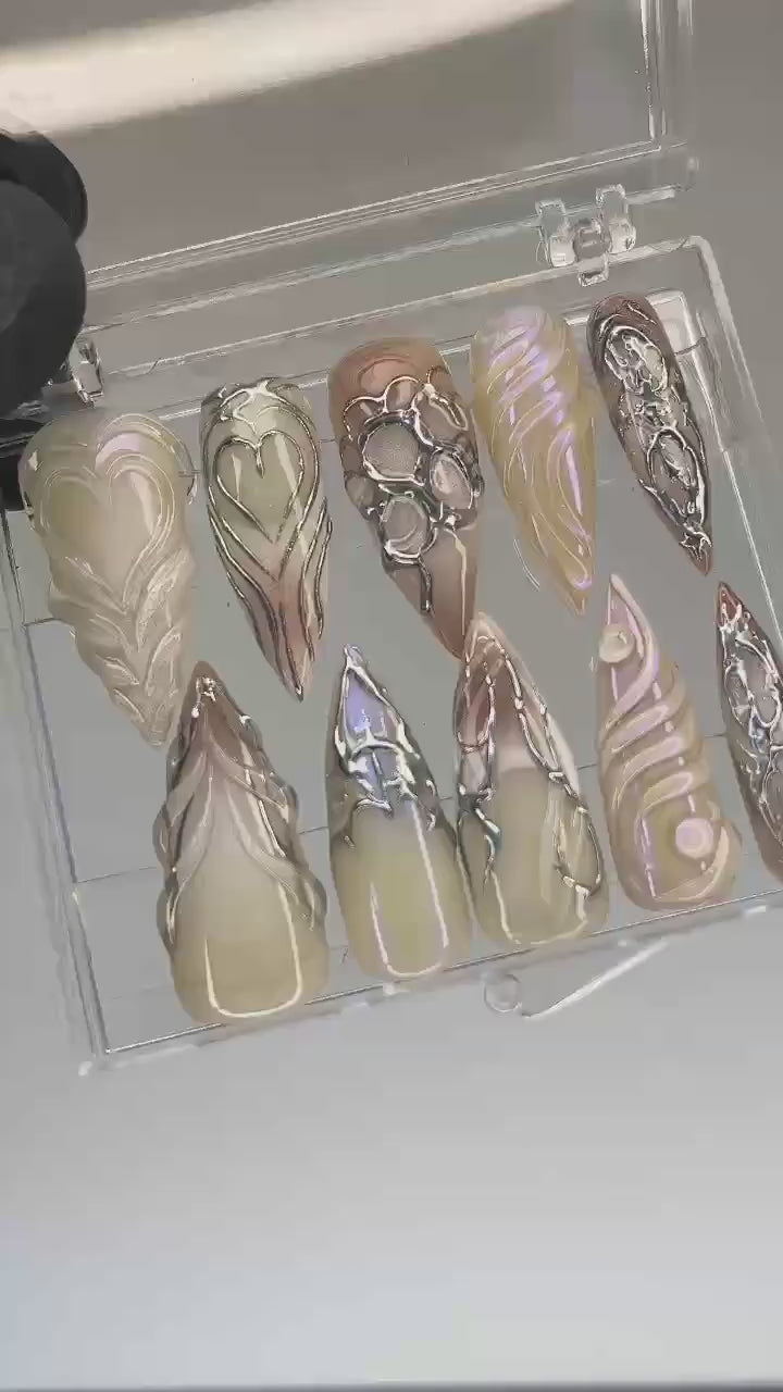 Handpainted Chrome Metallic Gothic Extra Long Stiletto Press On Nails - Y2K Emo and Goth Style Custom False Nails